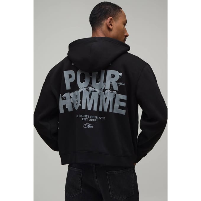 Oversized Boxy Pour Homme Bloemenprint Hoodie Met Rits | Black | Size Medium