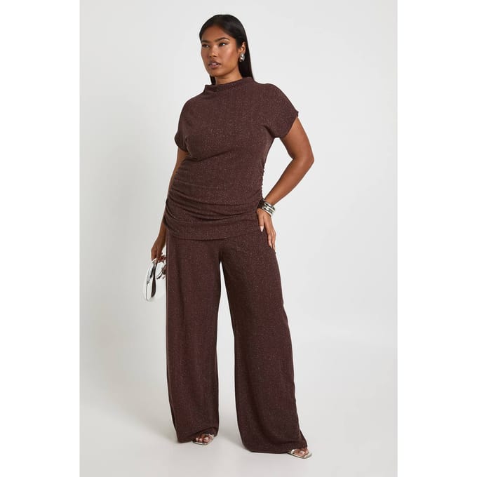 boohoo Dames Plus Glitter Ribgebreide Wijde Pijpenbroek | Bruin | Maat: 56