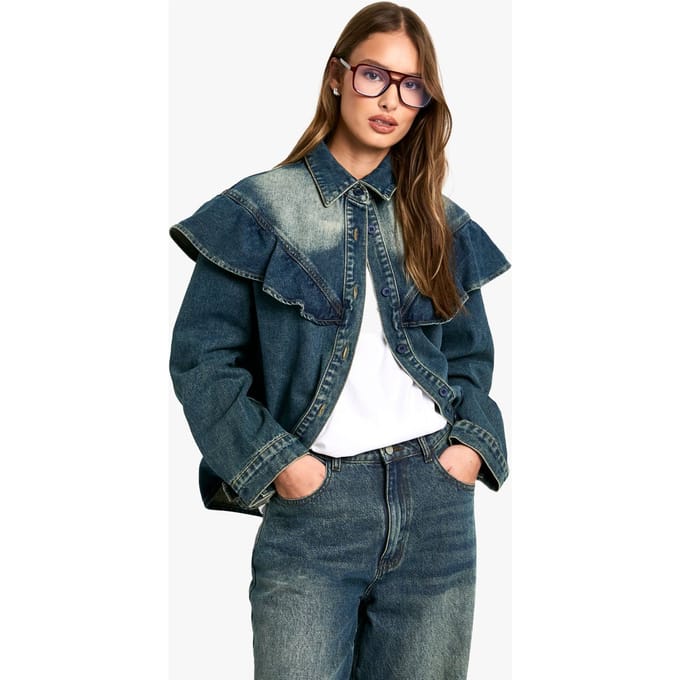 boohoo Dames Frill Detail Denim Shirt | Medium Blauw | Maat: 36
