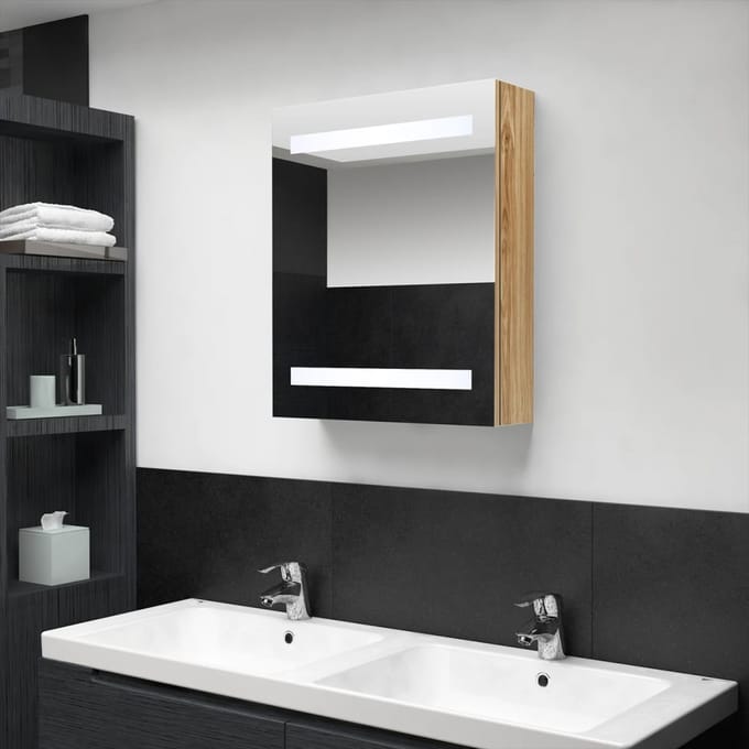 vidaXL - Badkamerkast - met - spiegel - en - LED - 50x14x60 - cm - eikenkleurig