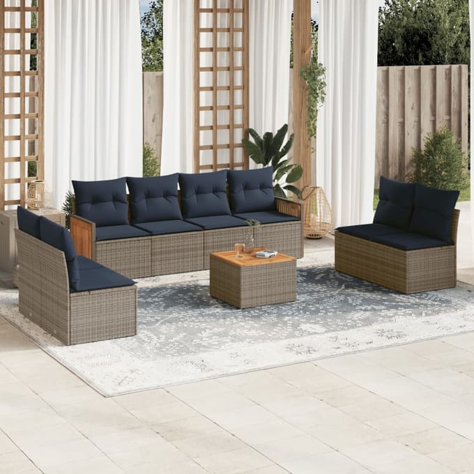 vidaXL - 9-delige - tuinbankset - met - kussens, - grijs - polyrotan