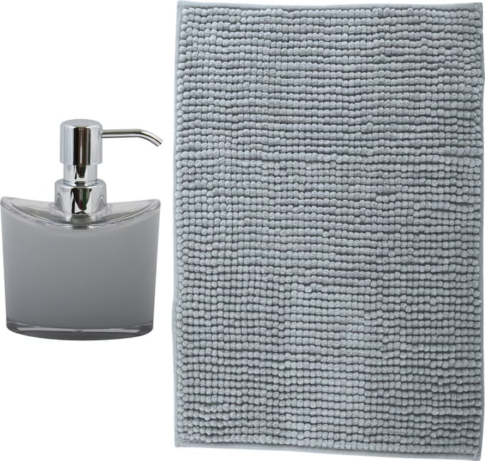 MSV badkamer droogloop mat - Bolzano - 40 x 60 cm - met bijpassende kleur zeeppompje - lichtgrijs