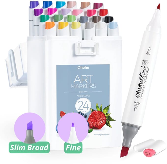 Ohuhu - Kaala Slim Broad & Fine - Alcohol based Art Markers - 24 Basic Tones kleuren