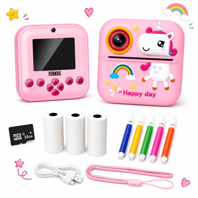 FerKos Digitale Kindercamera - 32GB micro SD Kaart - Camera Met Games - Met Videofunctie - Incl 3 Extra Printrollen - Instant Printer