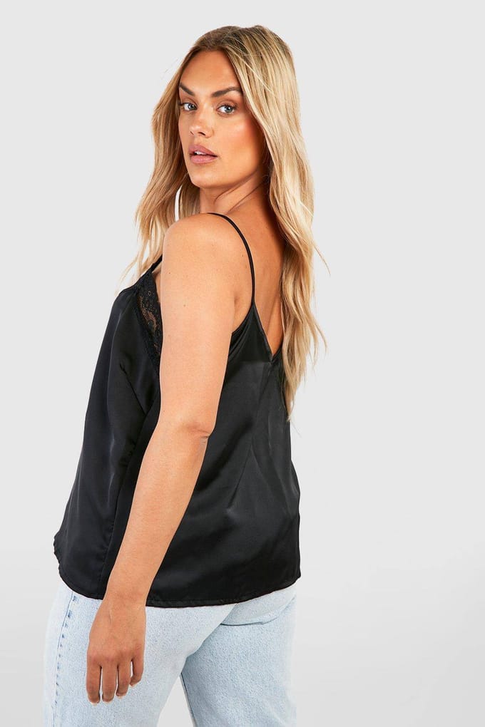 boohoo Dames Plus Kant Trim Satin Cami | Zwart | Maat: 54