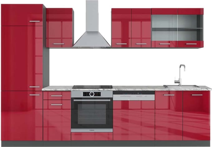 Vicco R-Line Complete keukeneenheid – 300 cm, WB Marmer Rood hoogglans/antraciet