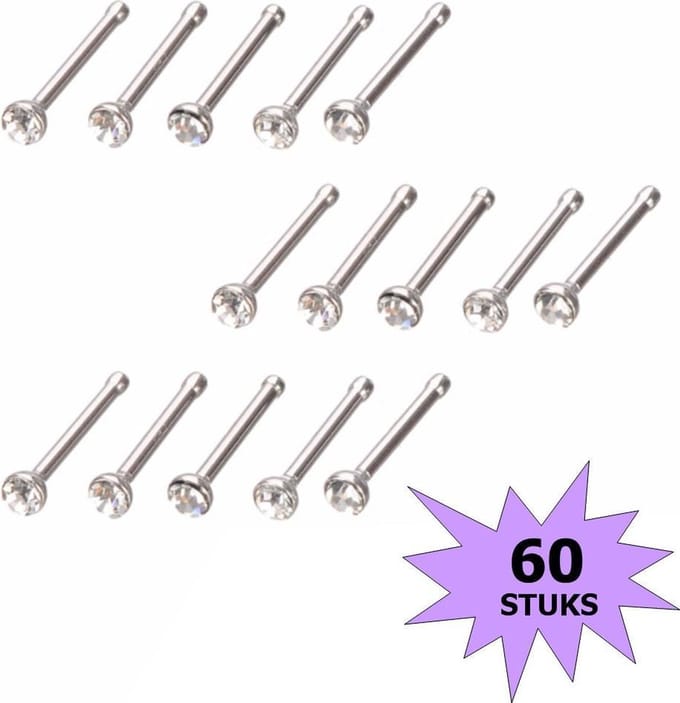 Fako Bijoux® - Neuspiercing - Staafje Kristal - 1.8mm - Wit - 60 Stuks