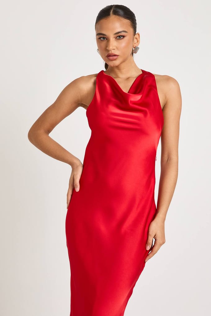 boohoo Dames Gedrapeerde rug satijnen maxi-jurk | Rood | Maat: 42