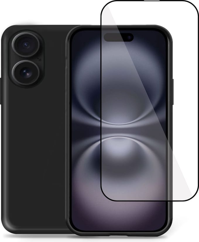 Hoesje + Screenprotector geschikt voor Apple iPhone 16 Plus – Full Screen Tempered Glass - Liquid Back Case Cover Zwart