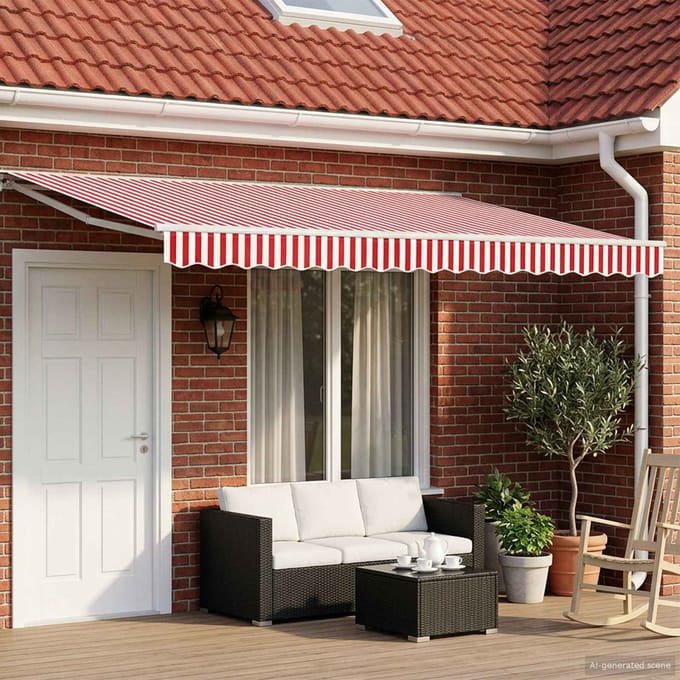 vidaXL - Handmatig - uitschuifbare - luifel - Rood - en - Wit - 5 - × - 3,5 - m