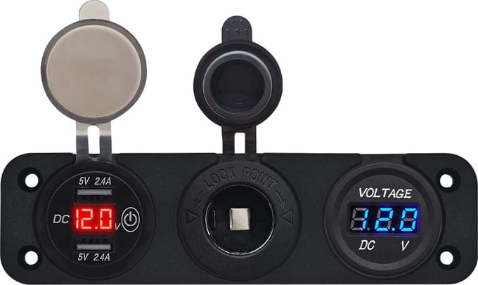 ProRide 12V USB Autolader 2 Poorten - 5V/2.4A - Voltmeter en 12V/24V Sigarettenplug - Drievoudig inbouw
