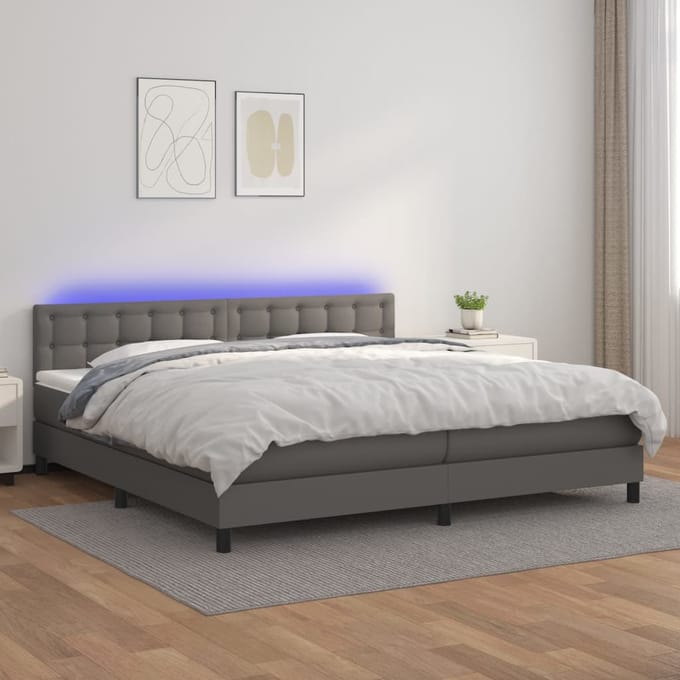 vidaXL - Boxspring - met - matras - en - LED - kunstleer - grijs - 200x200 - cm