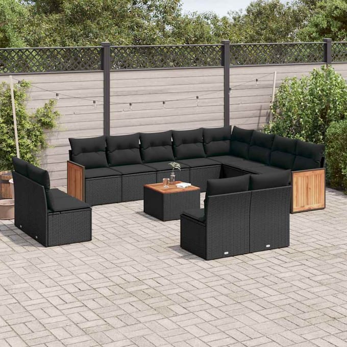 vidaXL - 13-delige - Loungeset - met - kussens - poly - rattan - zwart