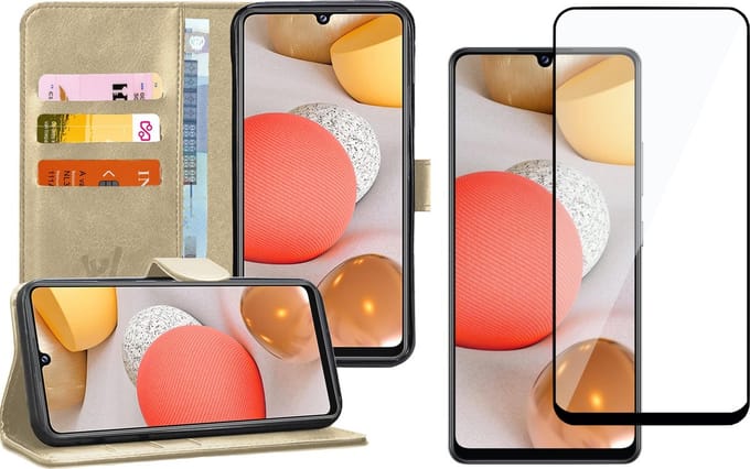 Hoesje geschikt voor Samsung Galaxy A42 - Screen Protector FullGuard - Book Case Kunstleer Pasjeshouder Goud & Screenprotector