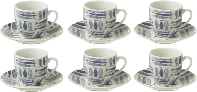 J-Line kop + schoteltje Vis - keramiek - donkerblauw - doos van 6
