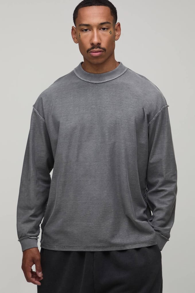 Oversized Gewassen T-shirt Met Lange Mouwen En Zichtbare Naden | Charcoal | Size Medium