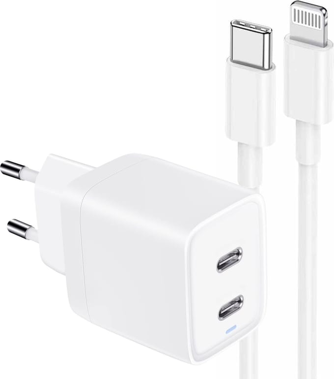 Snellader geschikt voor iPhone / iPad - Lightning naar usb-C Kabel 1 Meter - 45w - 2 Poorten - GaN - PPS Fast Charging - Wit