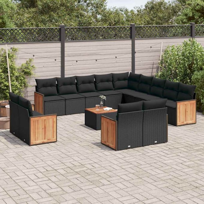 vidaXL - 14-delige - Loungeset - met - kussens - poly - rattan - zwart