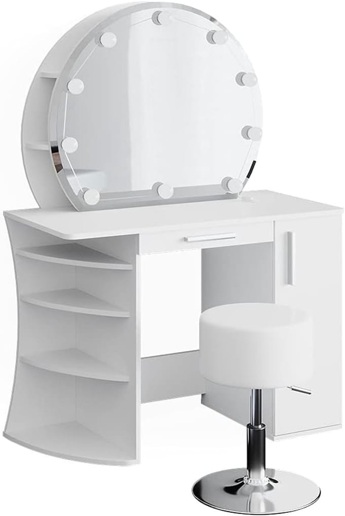 Witte Make-uptafel Set met Spiegel, LED Verlichting en Kruk - 100 cm