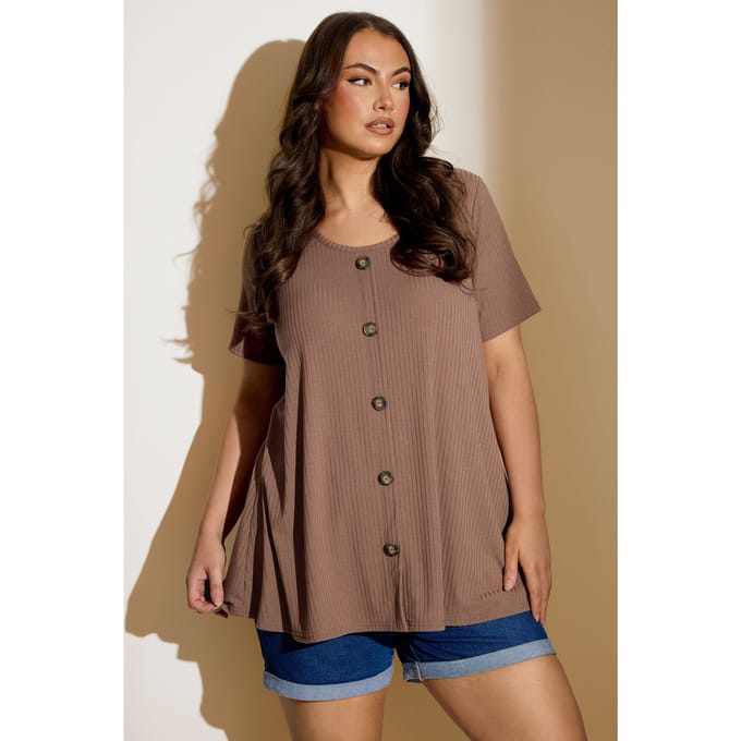Yours Mocha Bruine Geribbelde Swing Top Met Knoopsluiting Size 62-64