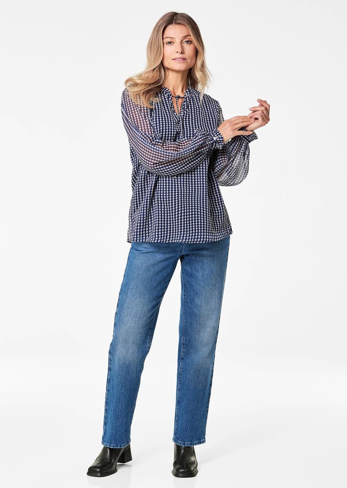 Chiffon blouse met elastische manchetten - marine / wit / gedess. - Gr. 48 van Goldner Fashion