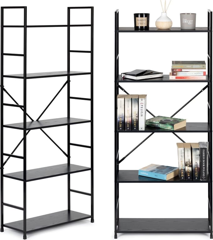 Boekenkast - 144x58.5x23.5 cm - 5 planken - grijs & zwart