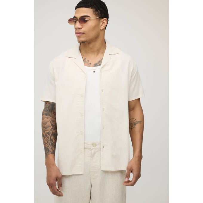 Regular Fit Linnen Blend Overhemd Met Korte Mouwen | Natural | Size 2XL