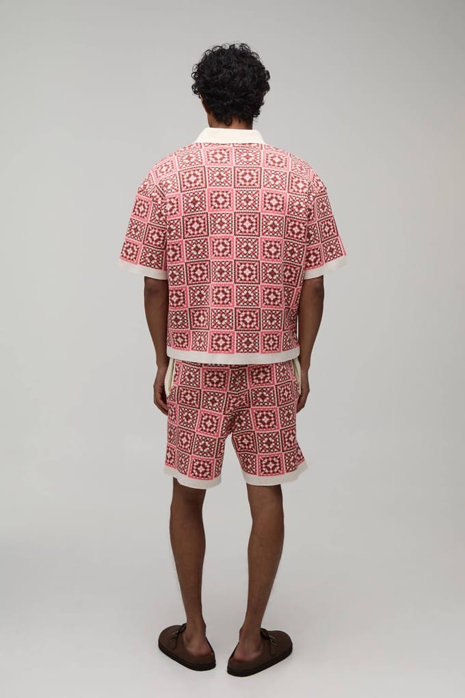 Oversized Boxy Gehaakte Vierkanten Gebreide Polo En Short Set | Pink | Size Medium