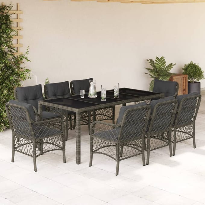 vidaXL - 9-delige - Tuinset - met - kussens - poly - rattan - grijs