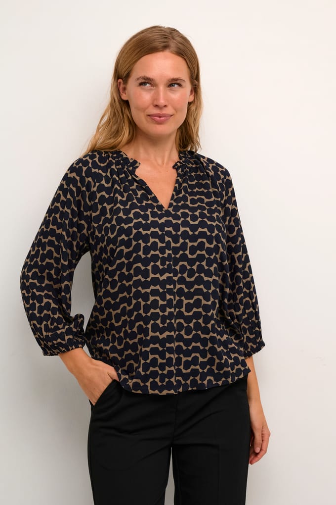 Blouse met lange mouwen Regular fit Midnight/ Sand Graphic Dot dark blue