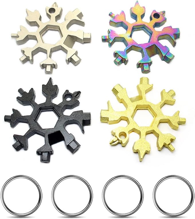 4 Pack RVS Multifunctionele Sneeuwvlok Sleutel Pocket Tool voor Buitenactiviteiten