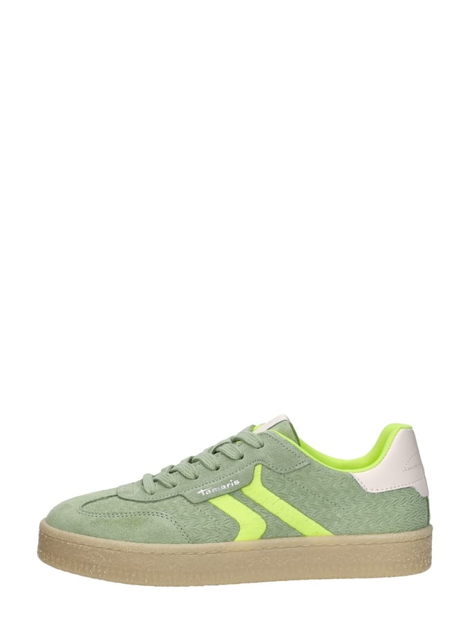 Tamaris dames sneakers van groen leer met neonstrepen