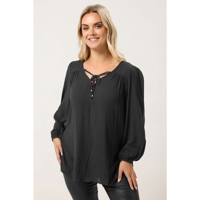Yours Zwarte Blouse Met Lattice En Striksluiting Aan De Voorkant Size 48