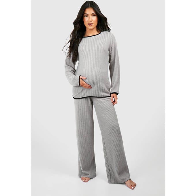 boohoo Dames Maternity Contrast Soft Rib Loungewear Set | Grijs | Maat: 40