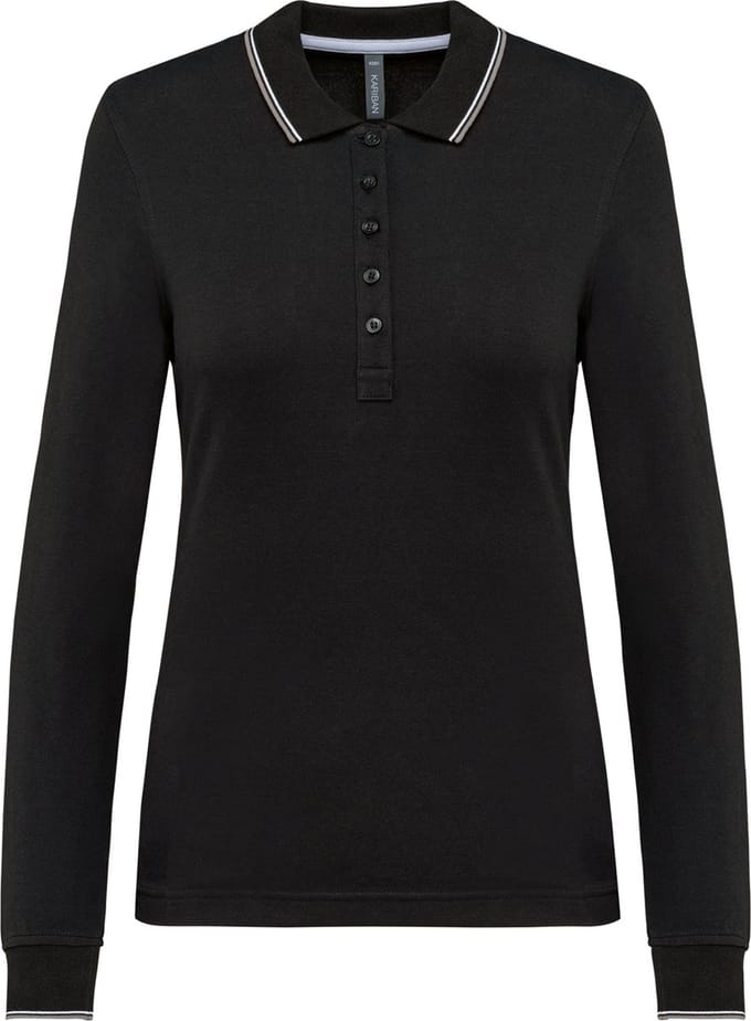 Kariban Dames polo van piquétricot met lange mouwen K281 - Black / Light Grey / White - M