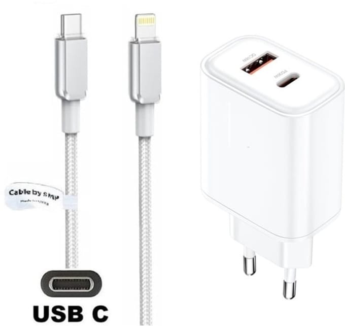 OneOne 36W snellader met 2 poorten + 1,0m OneOne USB C naar Lightning kabel. Witte PD PPS lader. GAN oplader adapter past op iPhone 8 t/m iPhone 14