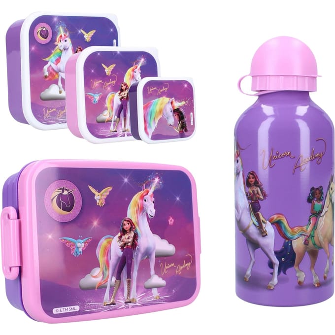 Unicorn Academy lunchset; lunchbox, snackbox en drinkfles