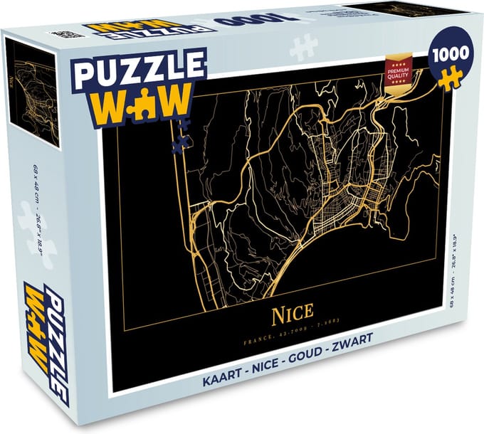 Puzzel Kaart - Nice - Goud - Zwart - Legpuzzel - Puzzel 1000 stukjes volwassenen