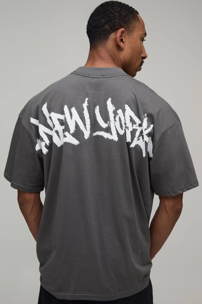 Antraciet Oversized New York Graffiti Grootschalige Print T-shirt | Charcoal | Size Medium