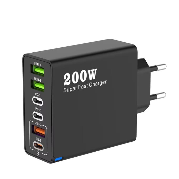 Chargeur de téléphone portable USB Type C 6 en 1 Total 200W USB3.0 PD3.0 Charge Super Rapide Adaptateur d'alimentation pour iPhone Xiaomi Samsung eu plug noir