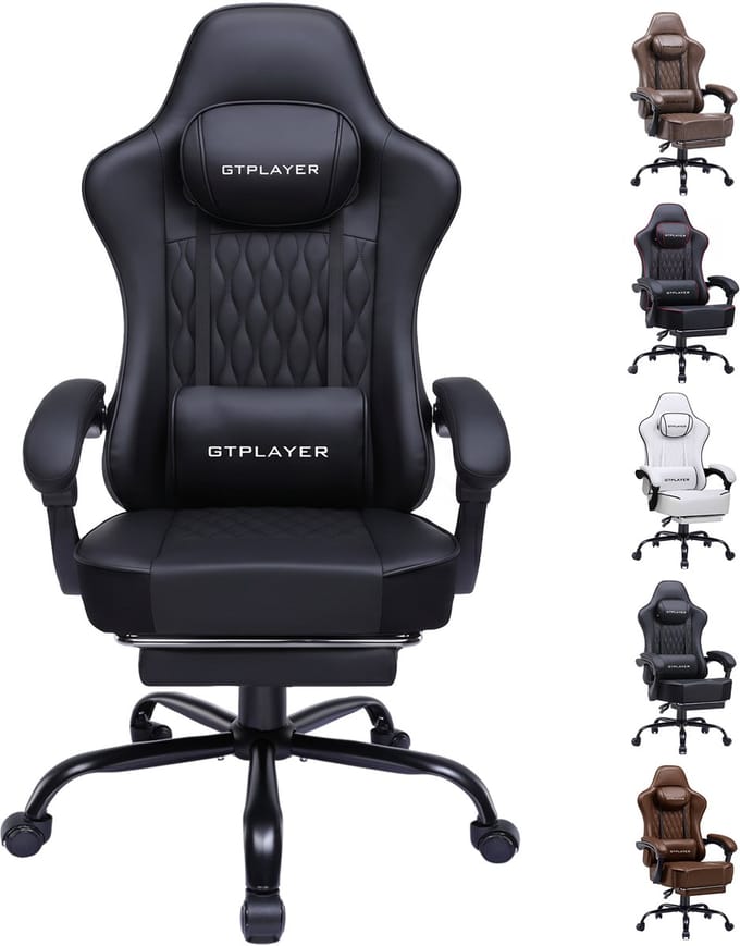 GTPLAYER - Gaming Stoel - Met Synchronmechanik en Kussens - Zwart Kunstleer