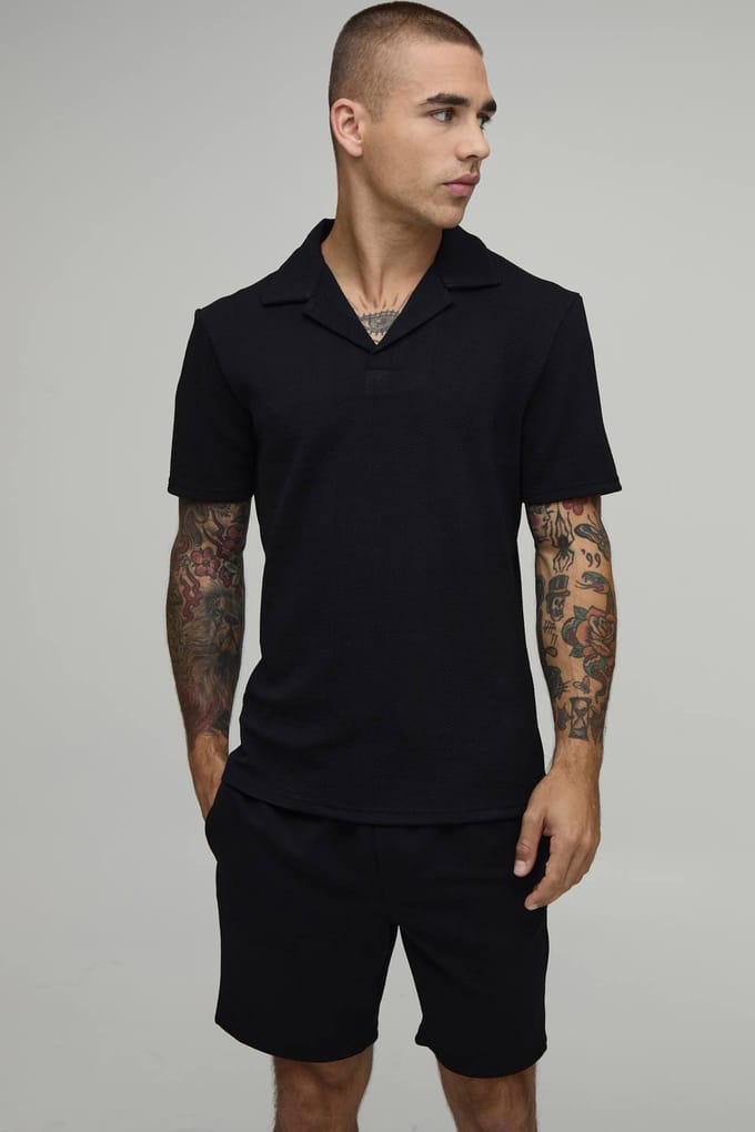 Short Sleeve Jersey Herringbone Polo Shirt & Short Set | Black | Size Medium