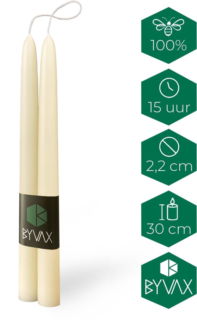 8 Bijenwas Dompelkaarsen | WIT | 30cm Hoog | 100% Zuivere bijenwas | Dinerkaarsen