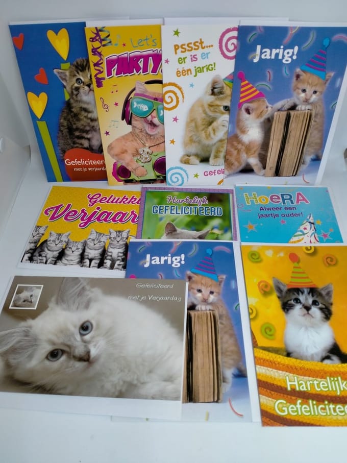10 wenskaarten van harte gefeliciteerd - poezen - katten