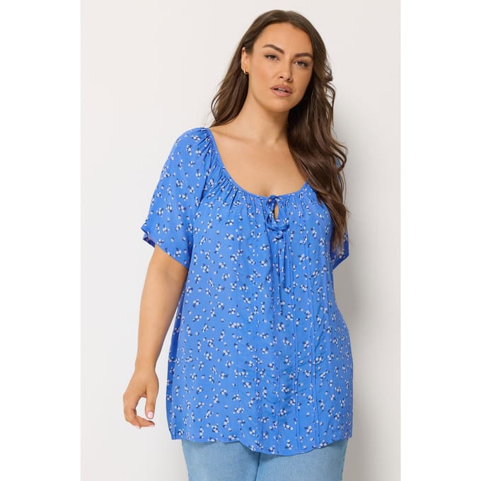 Yours Blauwe Blouse Met Bloemenprint En Pintuckdetails Size 48
