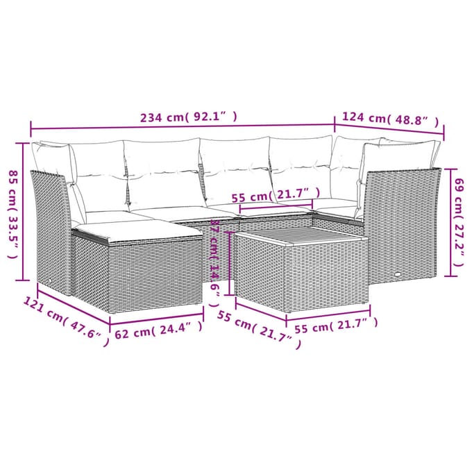 vidaXL - 7-delige - Loungeset - met - kussens - poly - rattan - beige