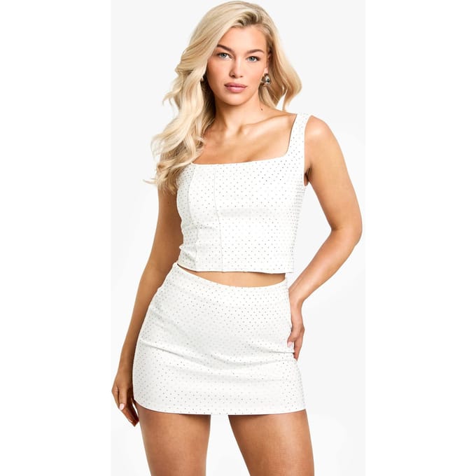 boohoo Dames Hot Fix Diamante Mini Rok | White | Maat: 14
