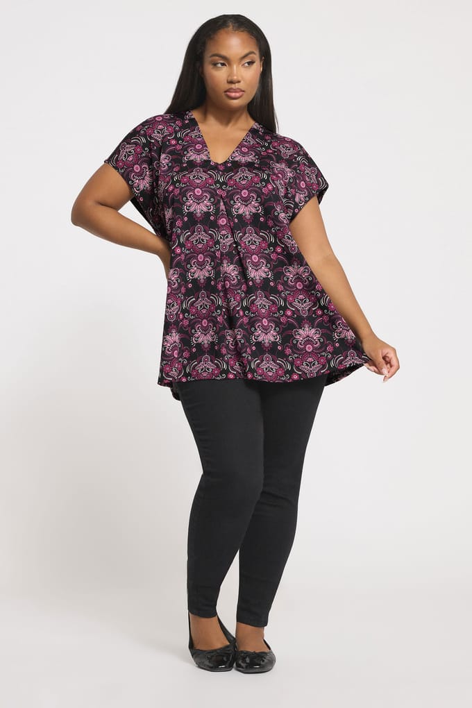 Yours Zwarte Paisley Print Geplooide Top Size 42