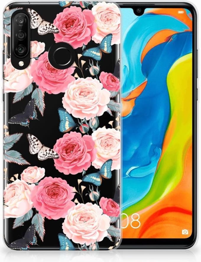 Back Cover voor Huawei P30 Lite TPU Case Butterfly Roses