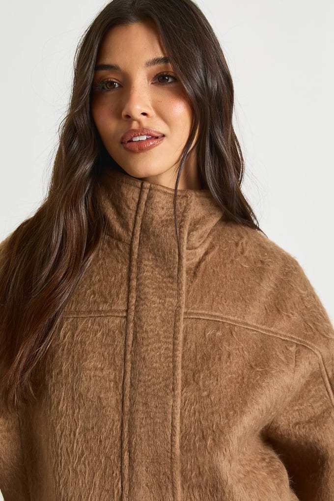 boohoo Dames Bomberjack met textuur van wollook | Camel | Maat: 40